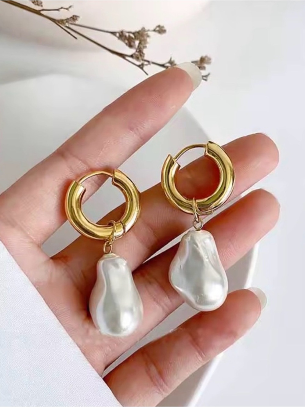 Gold Hoop Earrings with Irregular Pearl Drop Chic Statement Jewelry - Picture 9 of 10
